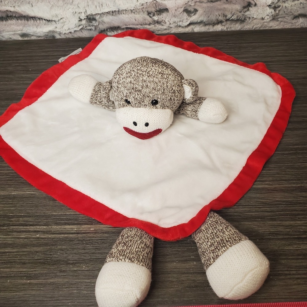 Baby Starters Sock Monkey Red White‎ Satin RATTLE Security Blanket Lovey 12 inch